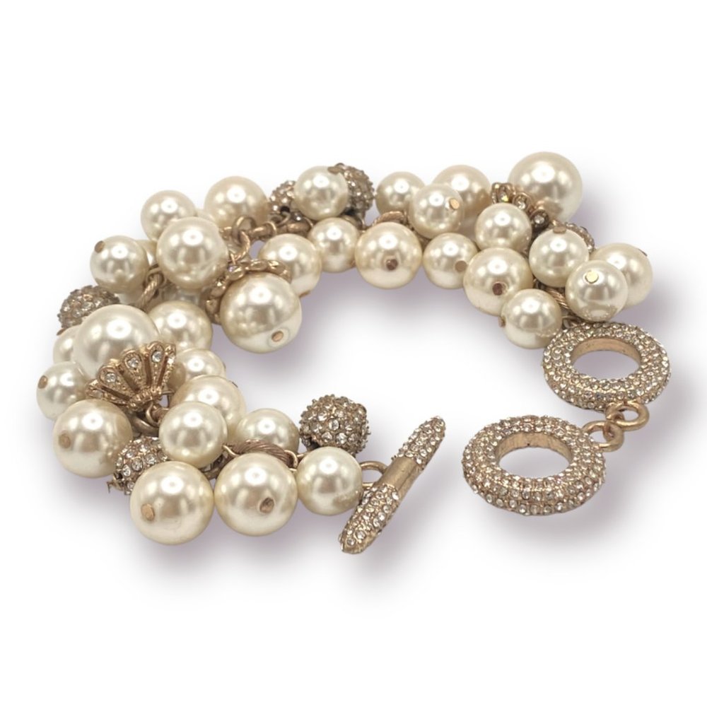 NEW Badgley Mischka Pearl & Pave Rhinestone Bead Gold Dangle Wedding Bracelet - Picture 1 of 8